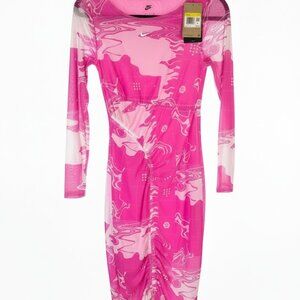 Nike Women's Pink Mesh Ruched Long Sleeve Dress NWT Small Y2K Streetwear
